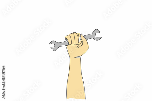 Single continuous line drawing clenched fist and holding a wrench. Spirit of struggle. Workers demand equal rights. Momentum to remember the history. May Day. One line design vector illustration
