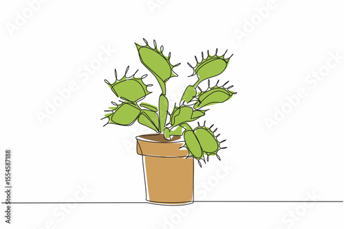 Single continuous line drawing some venus flytraps in pot. This plant eats insects to meet its nutritional needs. Benefits for humans. World Carnivorous Plant Day. One line design vector illustration