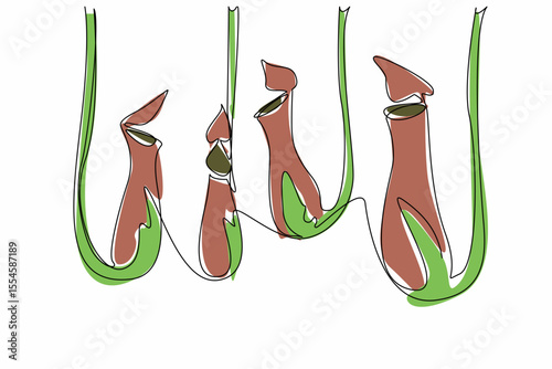 Continuous one line drawing some nepenthes hanging. Plants that produce acidic fluids to digest insects. The pitcher plants. World Carnivorous Plant Day. Single line draw design vector illustration