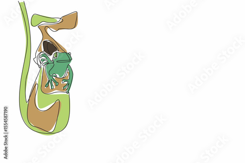 Single one line drawing frog in nepenthes. Pest control plants. Reduce number of ants roaming around by being eaten by frogs. World Carnivorous Plant Day. Continuous line design graphic illustration