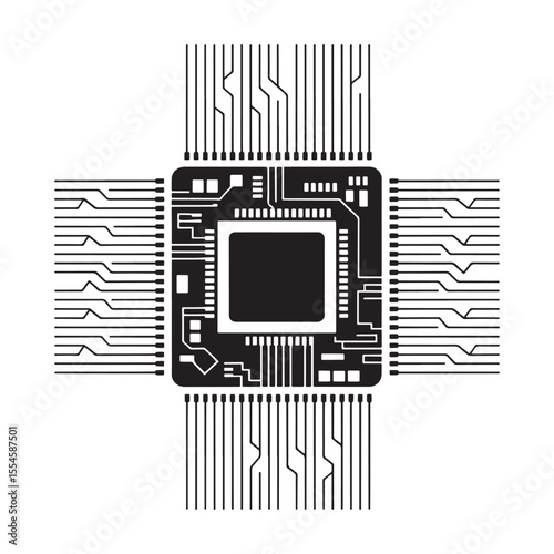 Microchip with Circuit Lines in Black and White