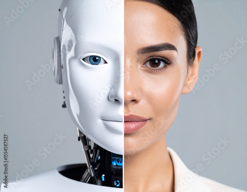 Half human, half robot. A portrait juxtaposing the face of a beautiful woman with that of a sleek, modern humanoid robot against a clean background.