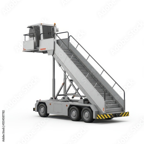 Isolated image of a mobile airport stair truck used for passenger boarding and disembarking at aircraft without jet bridges.