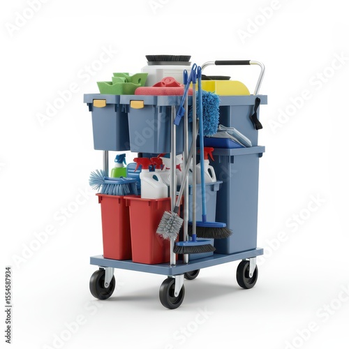 Isolated image of a professional cleaning cart loaded with brooms, brushes, buckets, sprays, and cleaning products for maintenance tasks.