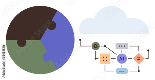 Globe with puzzle elements next to cloud and AI-based interconnected components, representing technology, AI, systems, environment. Ideal for sustainability, cloud computing, machine learning, data
