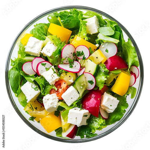 A vibrant bowl of fresh salad with feta cheese, radish, lettuce, and bell pepper sits against a transparent background, perfect for a healthy lifestyle.