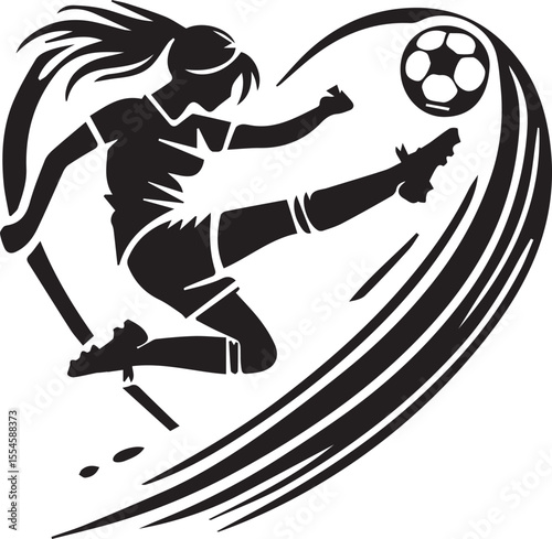 This black and white illustration depicts a female soccer player in mid-air, powerfully kicking a soccer ball. Her ponytail and dynamic pose convey intense motion and athleticism. The design is framed