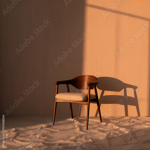 Wallpaper Mural Wooden chair with white cushion sits in a room with sunlight casting shadows on the wall Torontodigital.ca