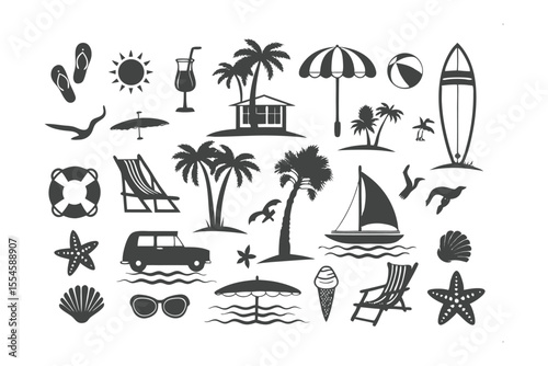 Summer Beach Collection: A curated collection of icons, emblems, and illustrations in silhouette style, perfect for conveying the essence of summer vacation, beach, and travel. 