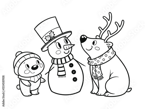 Happy snowman, reindeer, and polar bear wearing scarves outline line art doodle cartoon illustration. Winter Christmas theme coloring book