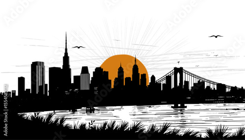 Silhouette of city skyline with brooklyn bridge at sunset