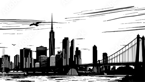 Silhouette of city skyline with Brooklyn bridge and river