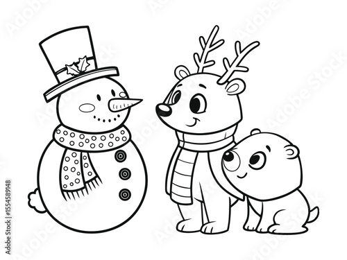 Happy snowman, reindeer, and polar bear wearing scarves outline line art doodle cartoon illustration. Winter Christmas theme coloring book
