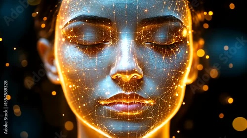 Luminous face with glowing network of connections