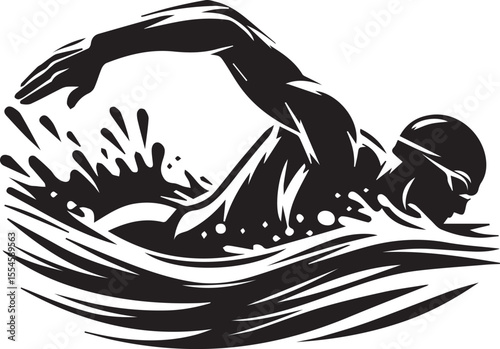 This black and white illustration powerfully captures a swimmer in mid-stroke, creating dynamic splashes and waves. The swimmer, wearing a cap and goggles, is depicted with strong, muscular forms, emp