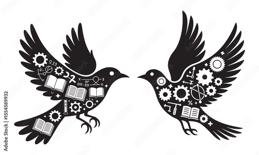 Obraz premium Black and White Artistic Birds with Gears and Books - Abstract Design