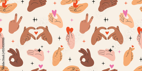 Inclusive vector seamless pattern with hands of different skin tones. Love and gratitude gestures with hearts on a light background. Diversity, mutual understanding, unity and togetherness concept