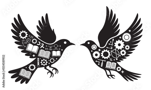Black and White Artistic Birds with Gears and Books - Abstract Design