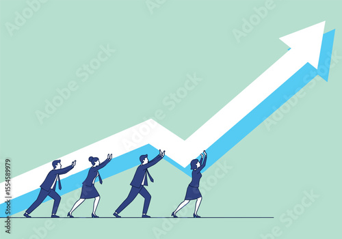 Business people with a red arrow symbolize success, leadership, and teamwork in a competitive environment