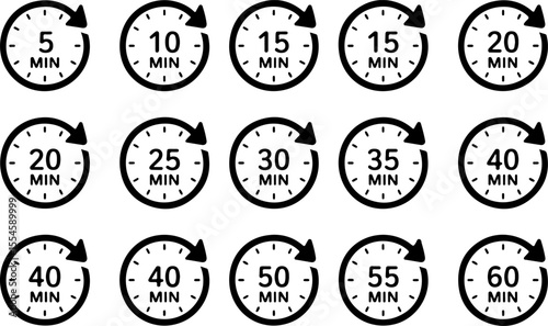 Clock timer icons minute intervals circular arrow vector