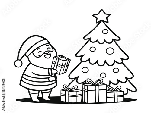 Happy Santa Claus next to a Christmas tree holding a present surrounded by colorful gift boxes. Line art cartoon illustration. Coloring book page