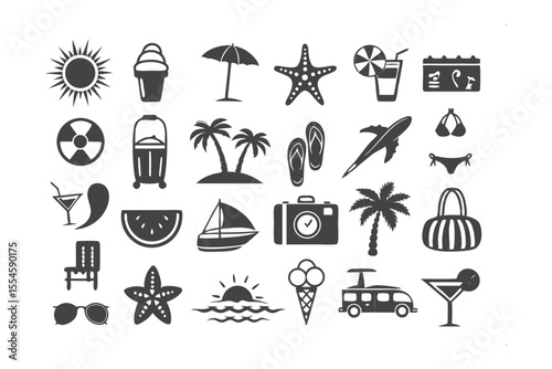 Summer Icon Set: A delightful array of monochromatic icons captures the essence of summer vacation, promising days of sun, sea, and serene relaxation.