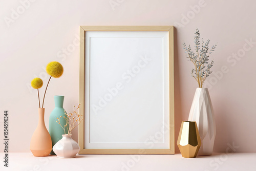 Minimalist home decor mockup featuring a blank wooden frame and assorted vases with floral accents