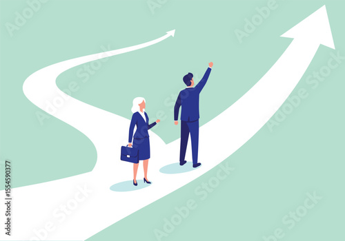 Businessman and businesswoman in suits look at a chart with an arrow, symbolizing a team's concept of business success