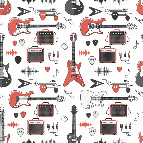 A seamless graphic pattern showcases a collection of electric guitars, amplifiers, picks, and audio waveforms in a clean, modern illustration style. Vector Patterns