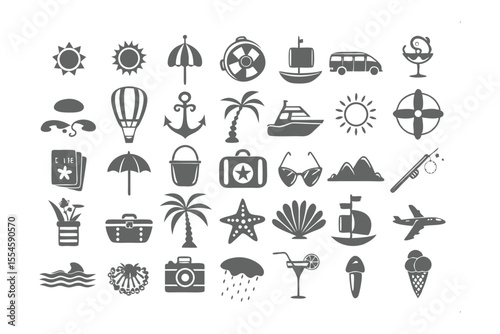 Set of Summer Symbols: A vibrant array of summer icons, expertly designed to capture the essence of vacation, travel, and the carefree spirit of the season.