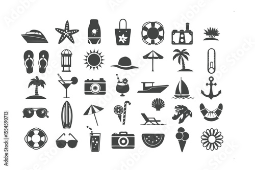 Summer Essentials: A captivating vector compilation of essential summer elements, rendered in a sleek silhouette style, perfect for adding a touch of vacation to any creative project. 