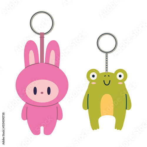 Cute pink bunny and green frog keychains, bag charm with simple round shapes and kawaii faces. Trendy modern vector illustration isolated on white background, hand drawn, flat design