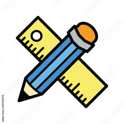 stationery icon, crossed pencil and ruler in flat design