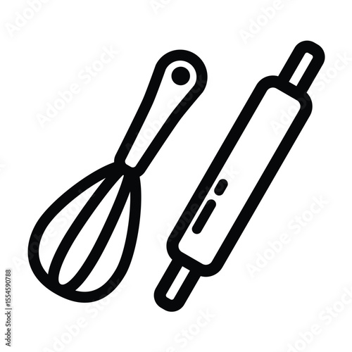 line art whisk and rolling pin icon in flat design