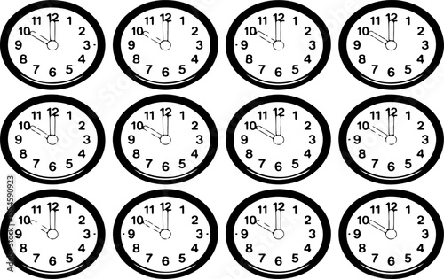 Twelve round analog clocks showing ten minutes to twelve face numbers