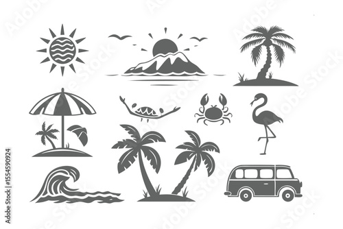 Tropical Paradise Icons: A set of beautifully designed icons depicting a tropical paradise, evoking feelings of serenity and relaxation, inviting viewers to imagine themselves in a sun-drenched oasis.