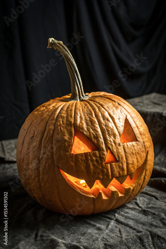 Illuminated jackolantern with a spooky face on draped fabric