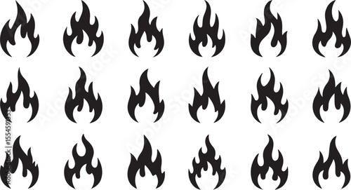 Set of Flame Silhouettes in Black and White Fire Art with Minimalist Blaze Design and Powerful Heat Illustration