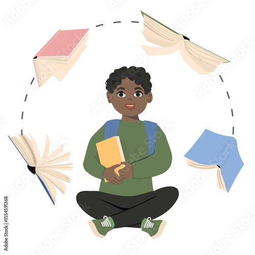 Cute little boy and flying books. Reading concept. Book choosing vector illustration