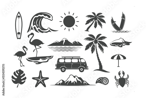 Monochrome Beach Icon Set: Graphic set of monochrome icons depicting the quintessential beach experience, from surfing and palm tree to flamingo and campervan.