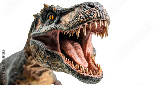 A fearsome dinosaur roars, showcasing sharp teeth and textured skin against a dark, dramatic background, perfect for illustrating prehistoric life, transparent background
