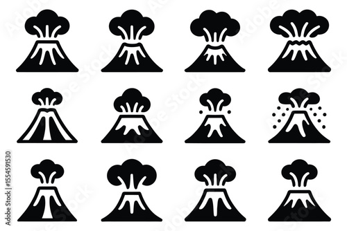 Set of stylized black and white volcano icons showing eruptions with smoke and ash

