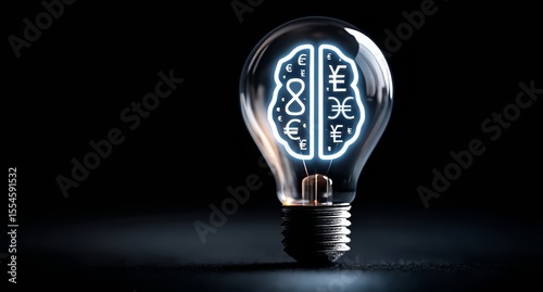 The glowing light bulb with a brain inside is enveloped by currency symbols, signifying brilliant financial ideas, creativity and sharpness in money management