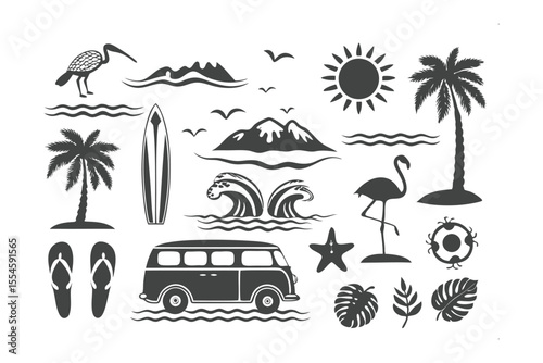 Summer Elements: An illustration capturing a variety of summer elements, evokes feelings of joy, freedom and leisure. Depicting a flamingo, palm trees.