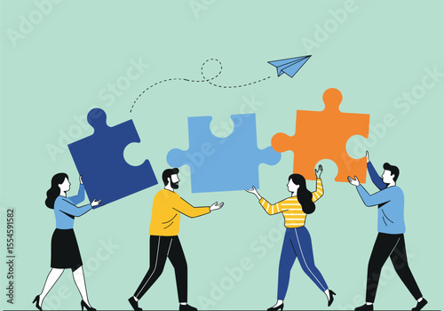 Global business team silhouettes hold a puzzle, illustrating the concept of international success and communication