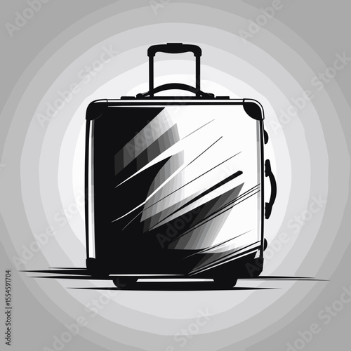 Stylized travel suitcase silhouette with motion effects in black and white on grey background for design concept