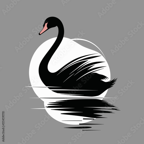 Stylized swan silhouette with water ripples in black on grey background for design concept