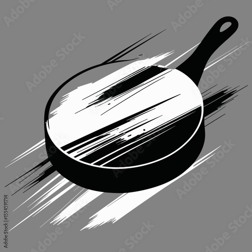 Stylized frying pan silhouette with motion effect in black and white on grey background for design concept