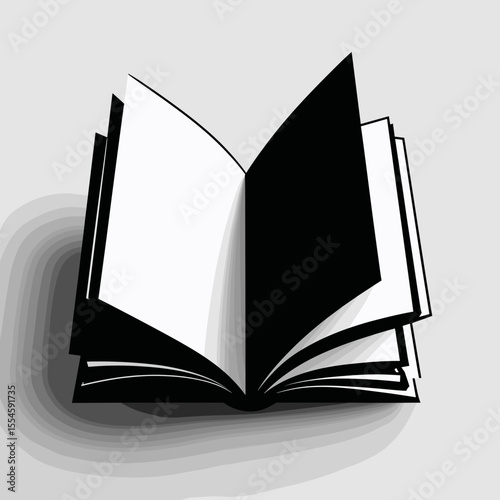 Stylized open book silhouette in black and white on grey background for design concept