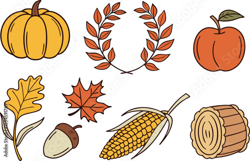 Autumn Harvest Clipart Set with Pumpkin Acorn and Wreath. Seasonal Fall Clipart Items in Warm Color Palette. Neat Autumn Icons Including Squash and Leaf Elements. Fall Harvest Illustration Set